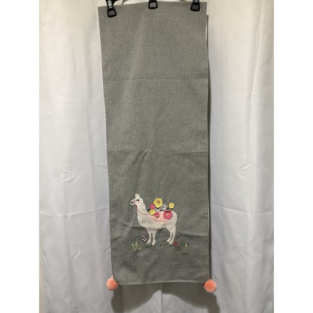 Embroidered Llamma Alpaca Table Runner Grey W/Pink Poms 2019 The Spring Shop